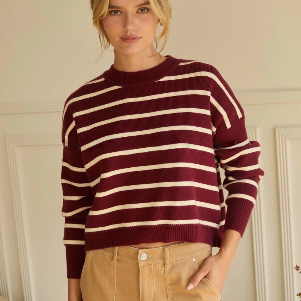 NWT Striped Burgundy Red and Ivory White Boxy Cropped Sweater